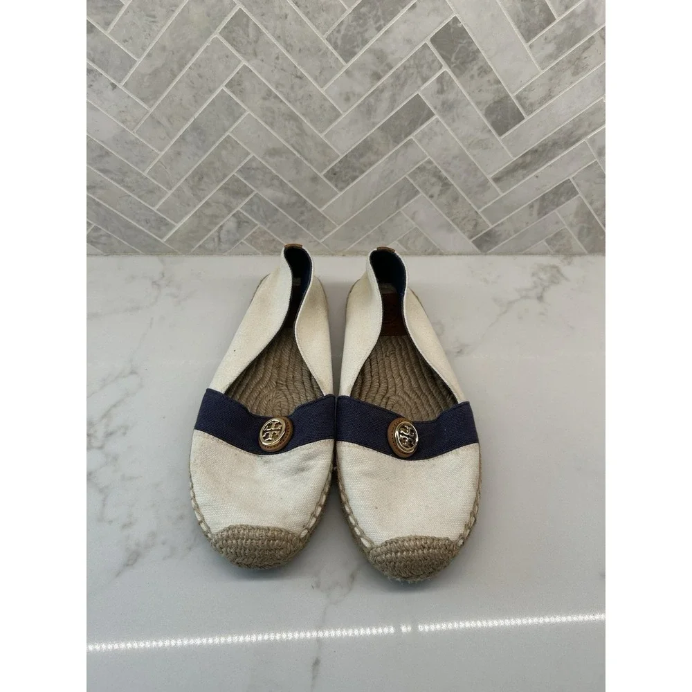 Tory Burch Espadrille Flats Ivory Newport Navy‎ Embellished Canvas Womens Size 8